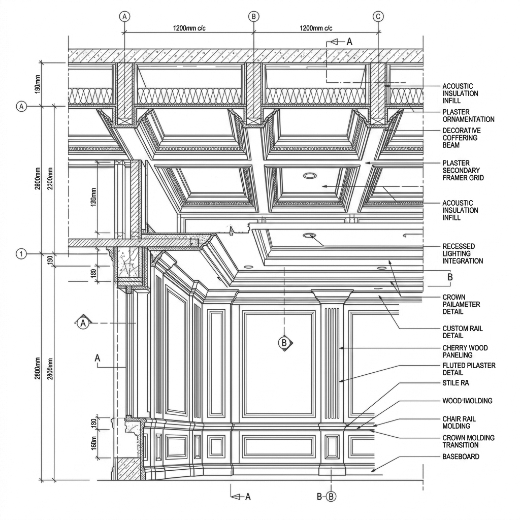Section-cut architectural profile displaying high-specification coffered ceiling millwork